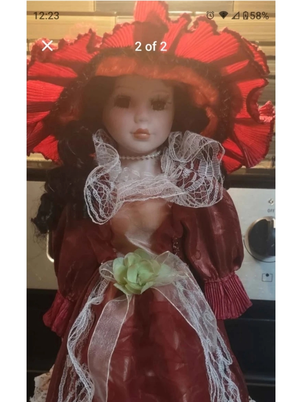 Vintage Porcelain Doll Burgundy Dress, Lace Trim Victorian Style with Large Hat